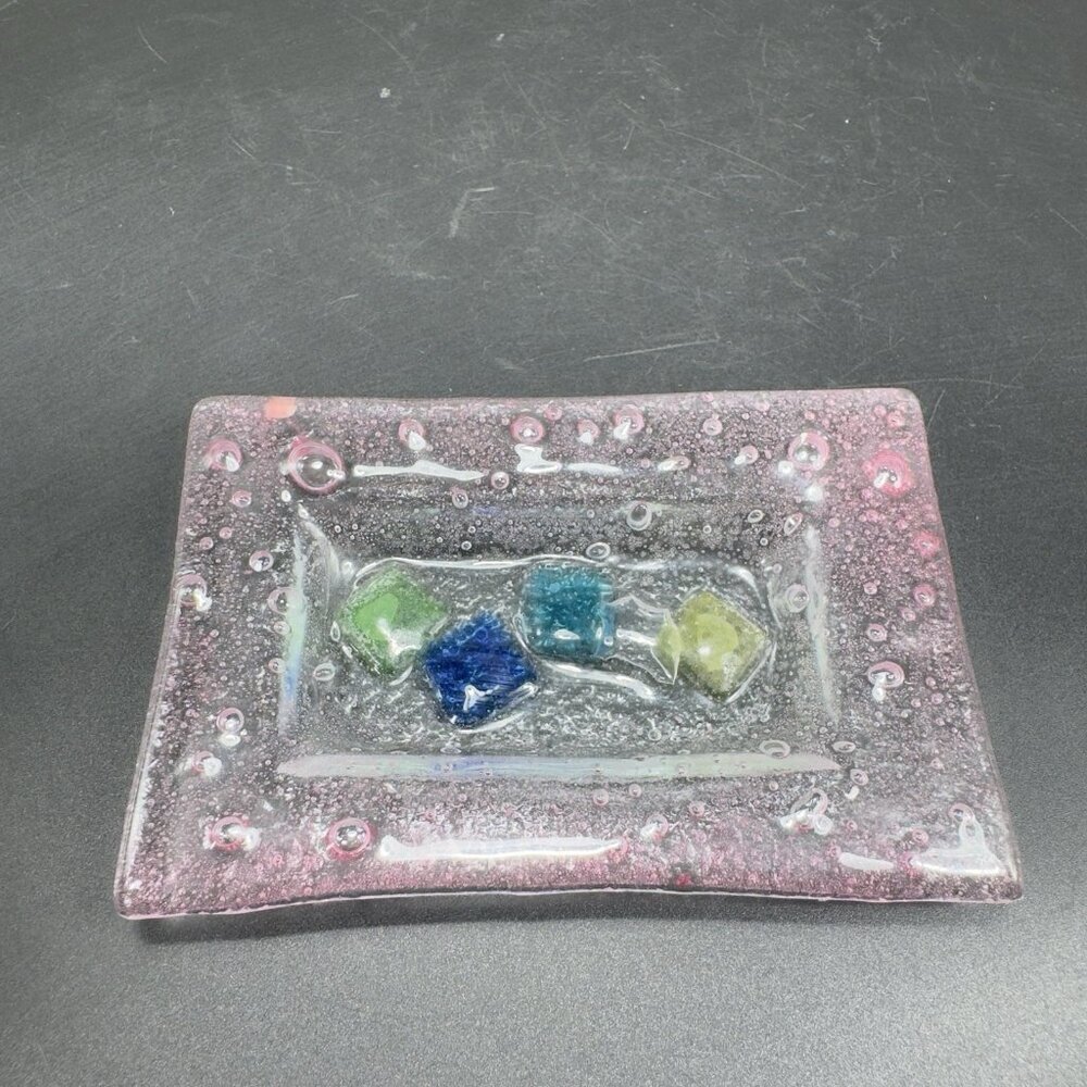 Vintage Hand Made Rectangular Trinket Dish Holder Container‎ Plate Pink Bubbles